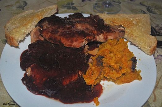 Braised Bone-In Pork Chops with Montmorency Sauce Mashed Squash with Nutmeg Acme Bake Shop Toasted Sourdough Bread