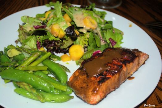 Asian Grilled Salmon Fresh Asparagus and Snap Pea Saute Green Salad with Yellow Heirloom Carrots