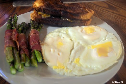 Mock Fried Eggs Prosciutto Wrapped Asparagus Toasted Brioche with Orange Marmalade